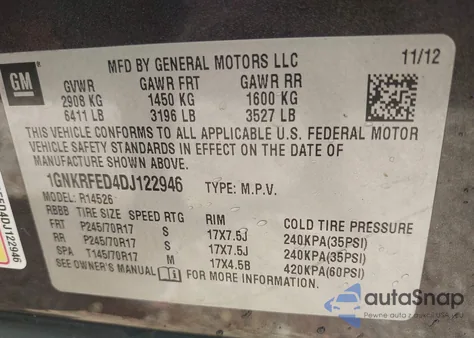 2013 Chevrolet Traverse Ls из США, поврежденный, VIN 1GNKRFED4DJ122946